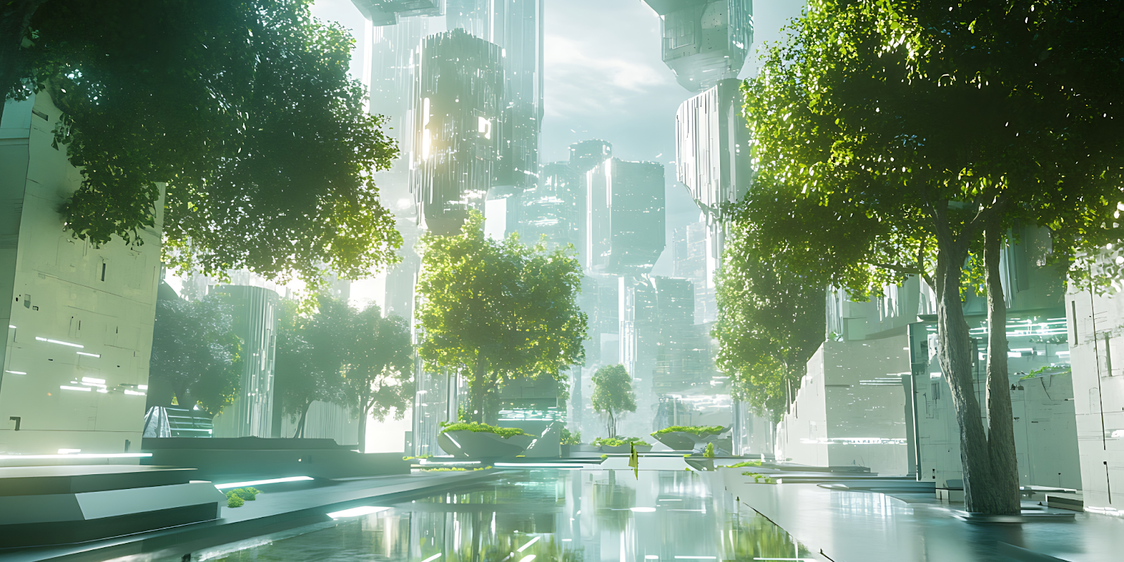Futuristic city park with reflective water features, modern architecture, and tall green trees illuminated by soft light.