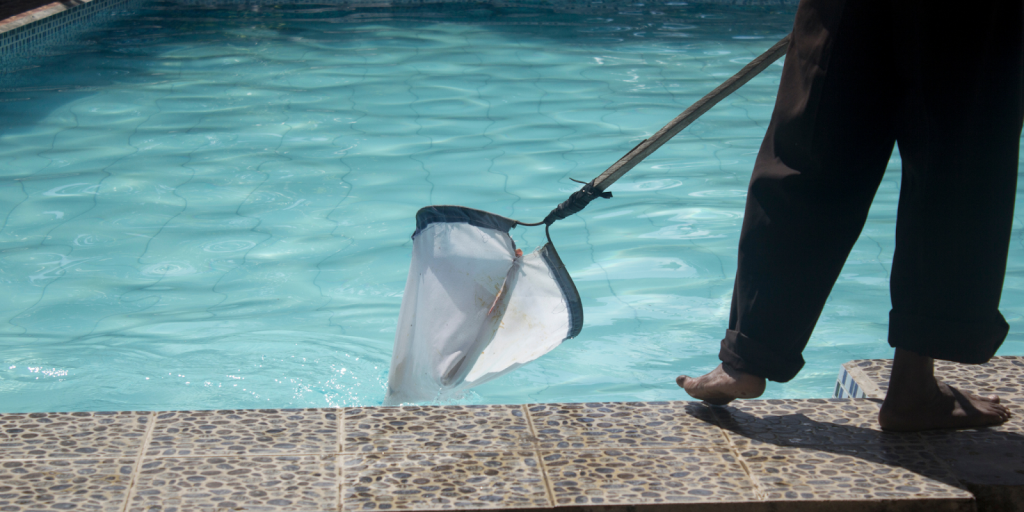 Pool maintenance worker cleaning swimming pool using leaf skimmer net.