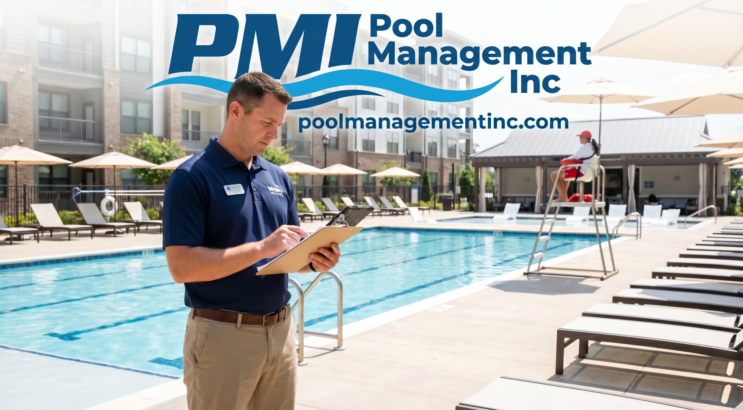 commercial pool manager inspecting swimming pool operations at apartment community