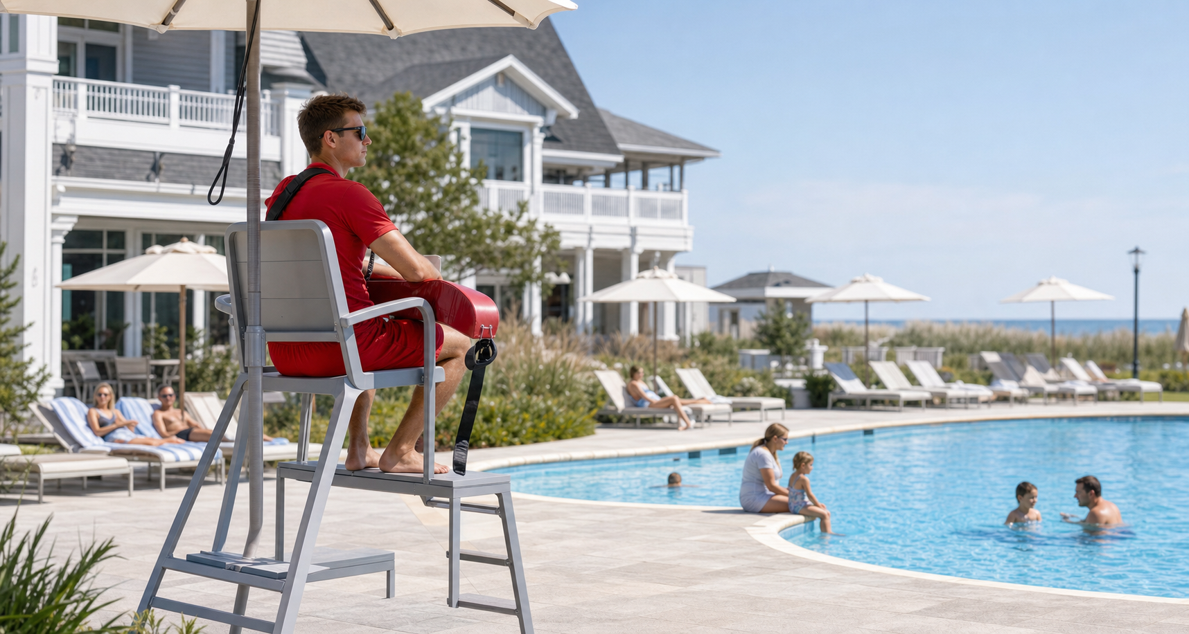 Professional lifeguard supervising guests at a Delaware resort swimming pool