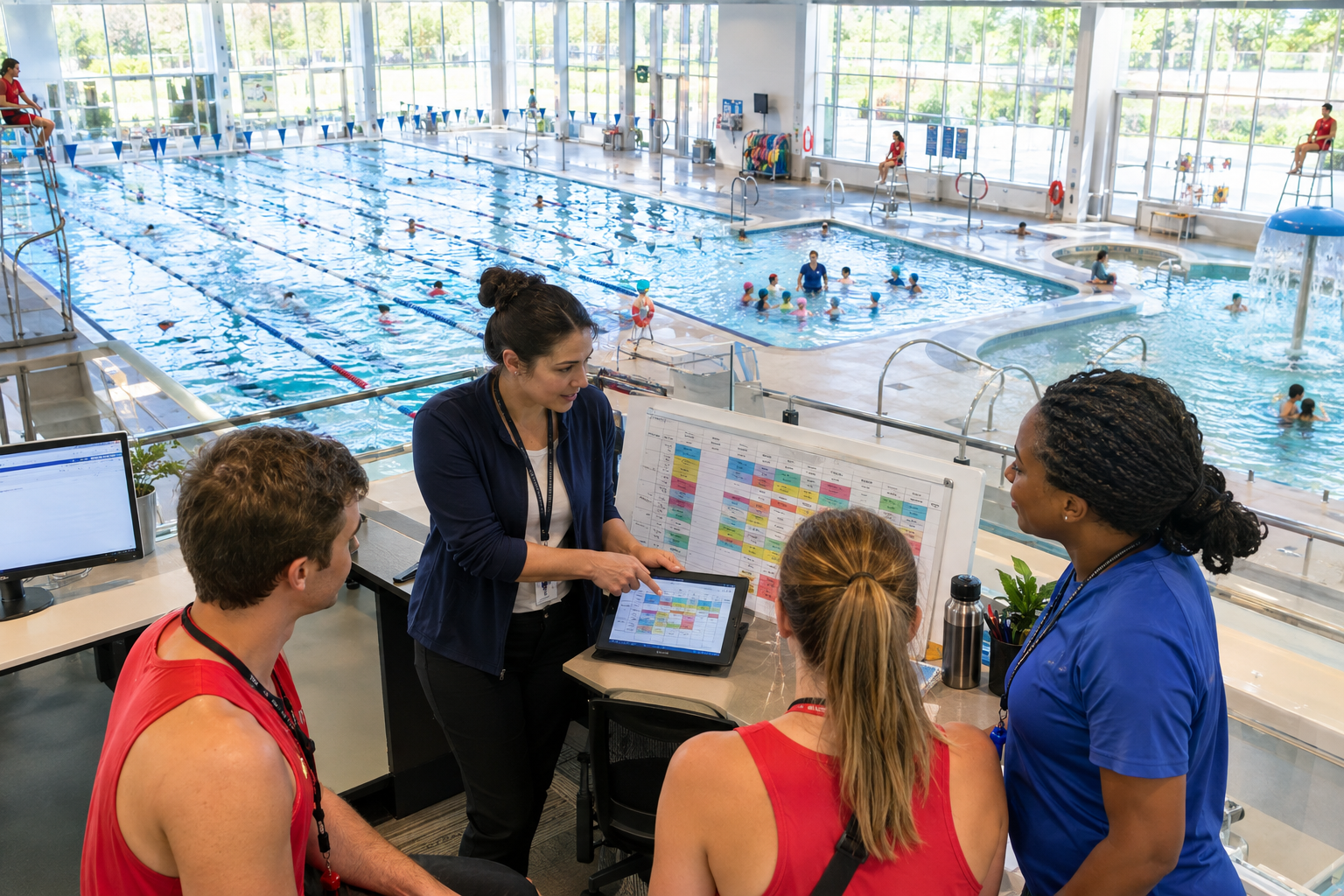 Aquatic center director coordinating staffing and programming across a multi-pool facility