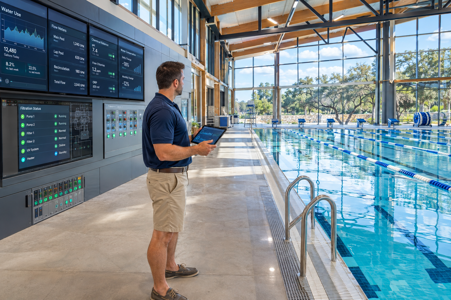 Texas aquatic facility manager reviewing smart pool technology, water use and operating data
