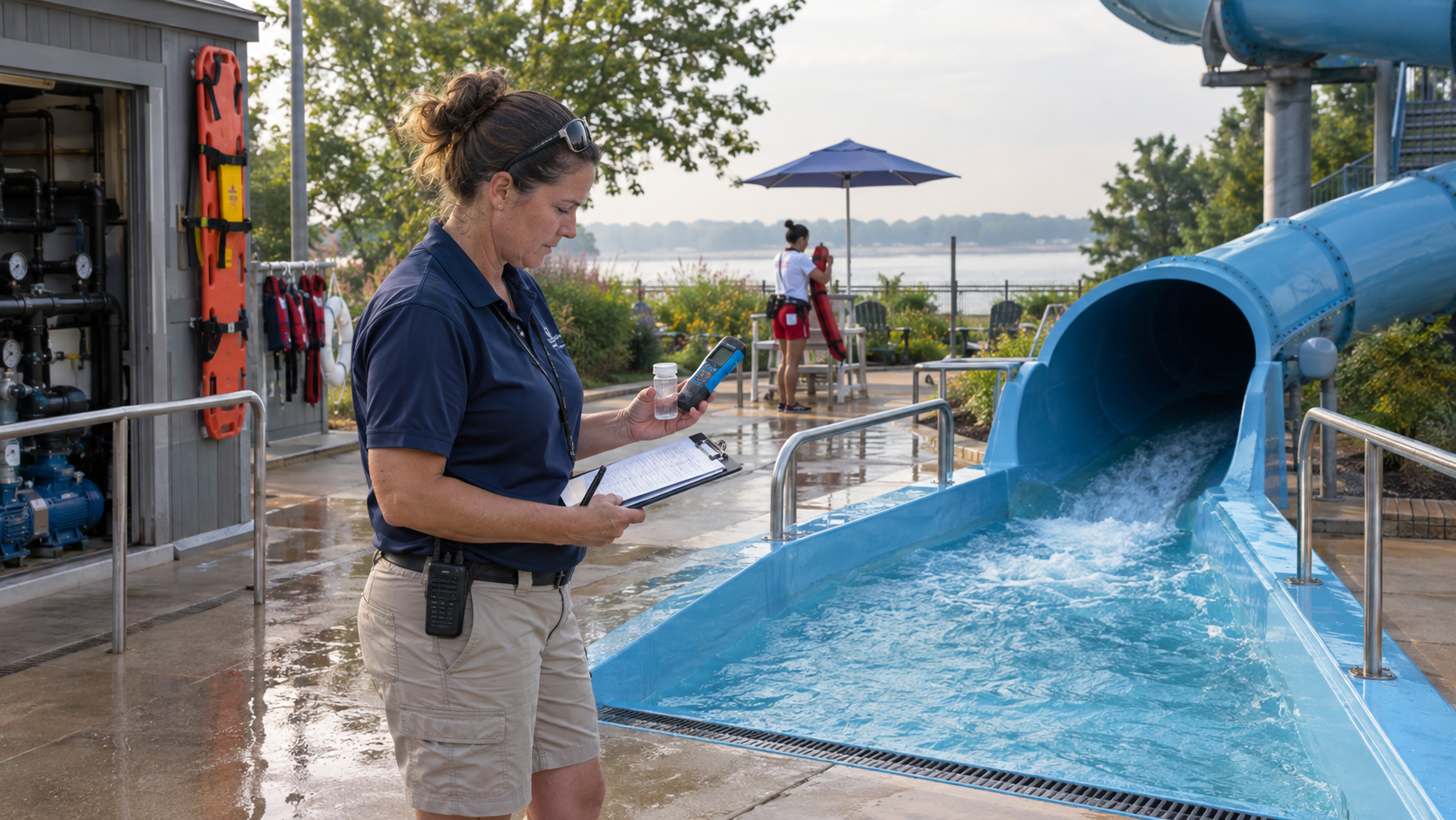Waterpark operations supervisor inspecting a waterslide and water quality records at a Maryland aquatic park