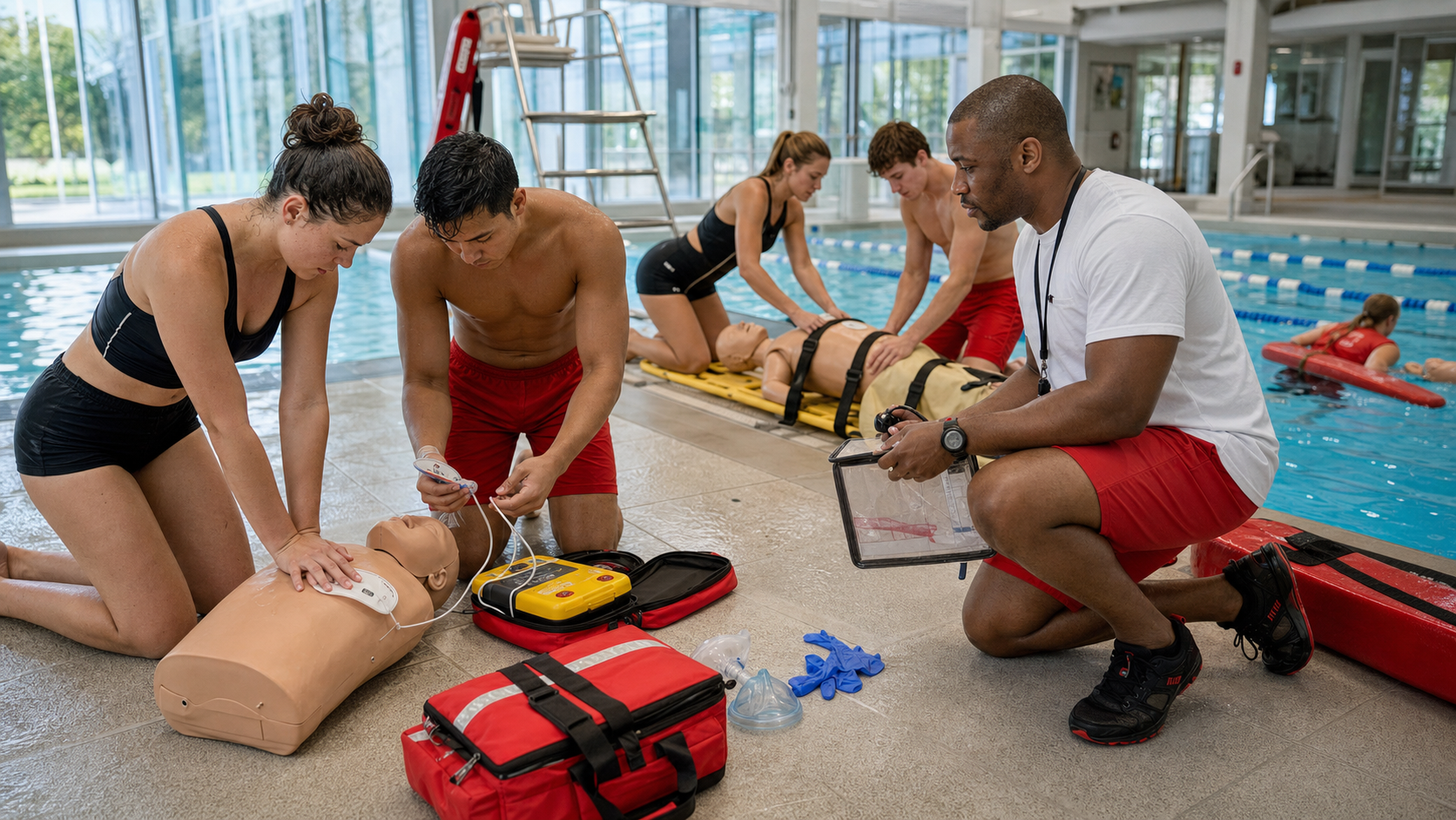Lifeguard instructor evaluating CPR, AED and water-rescue skills during a certification course