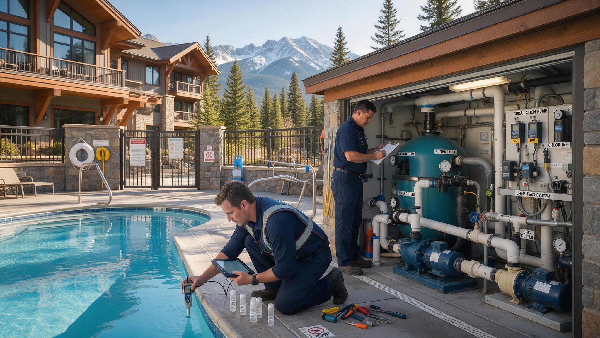 Resort pool manager inspecting water quality and mechanical equipment at a Colorado mountain hotel