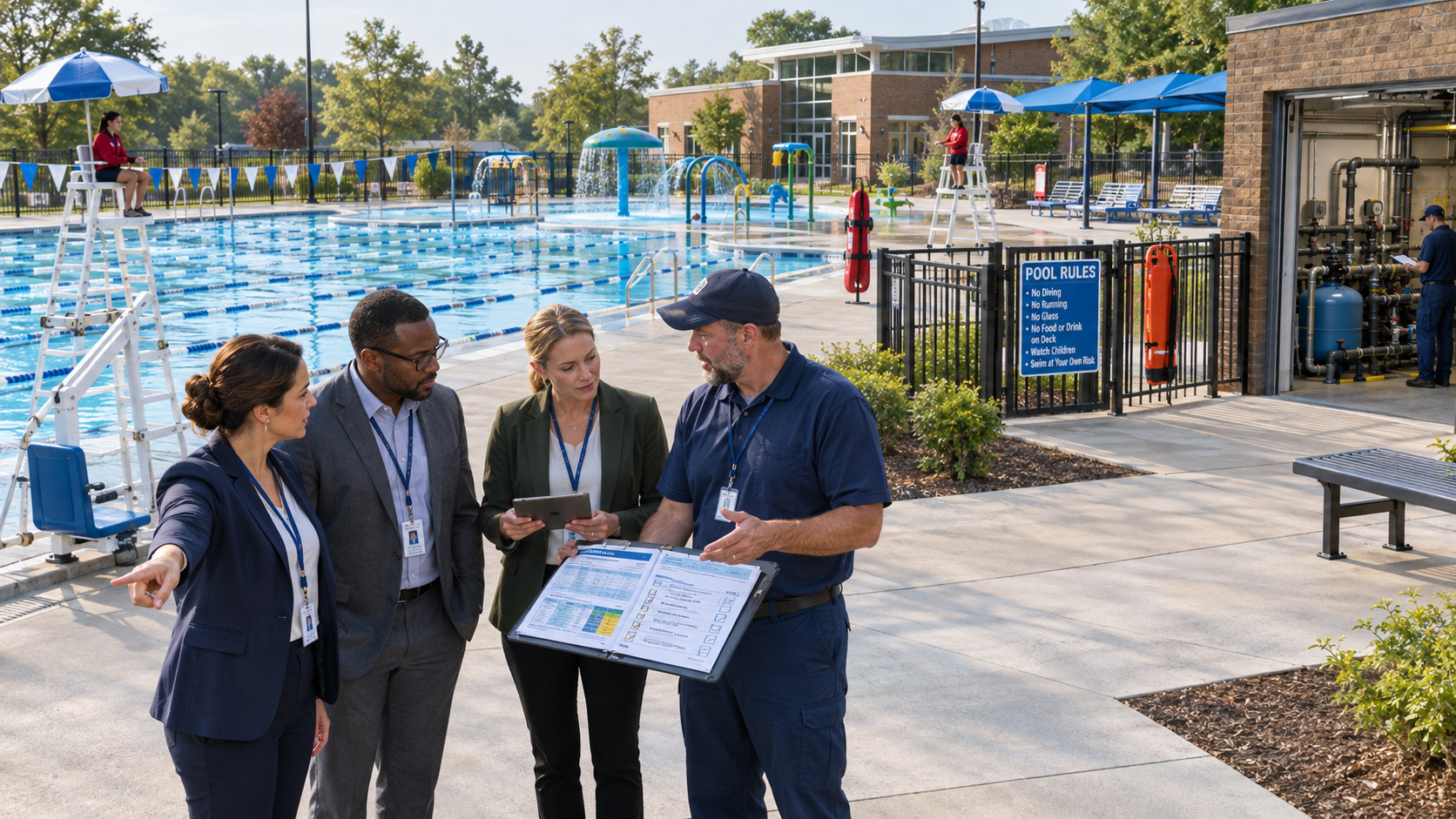 Parks and recreation officials reviewing municipal pool operations with an aquatic facility manager