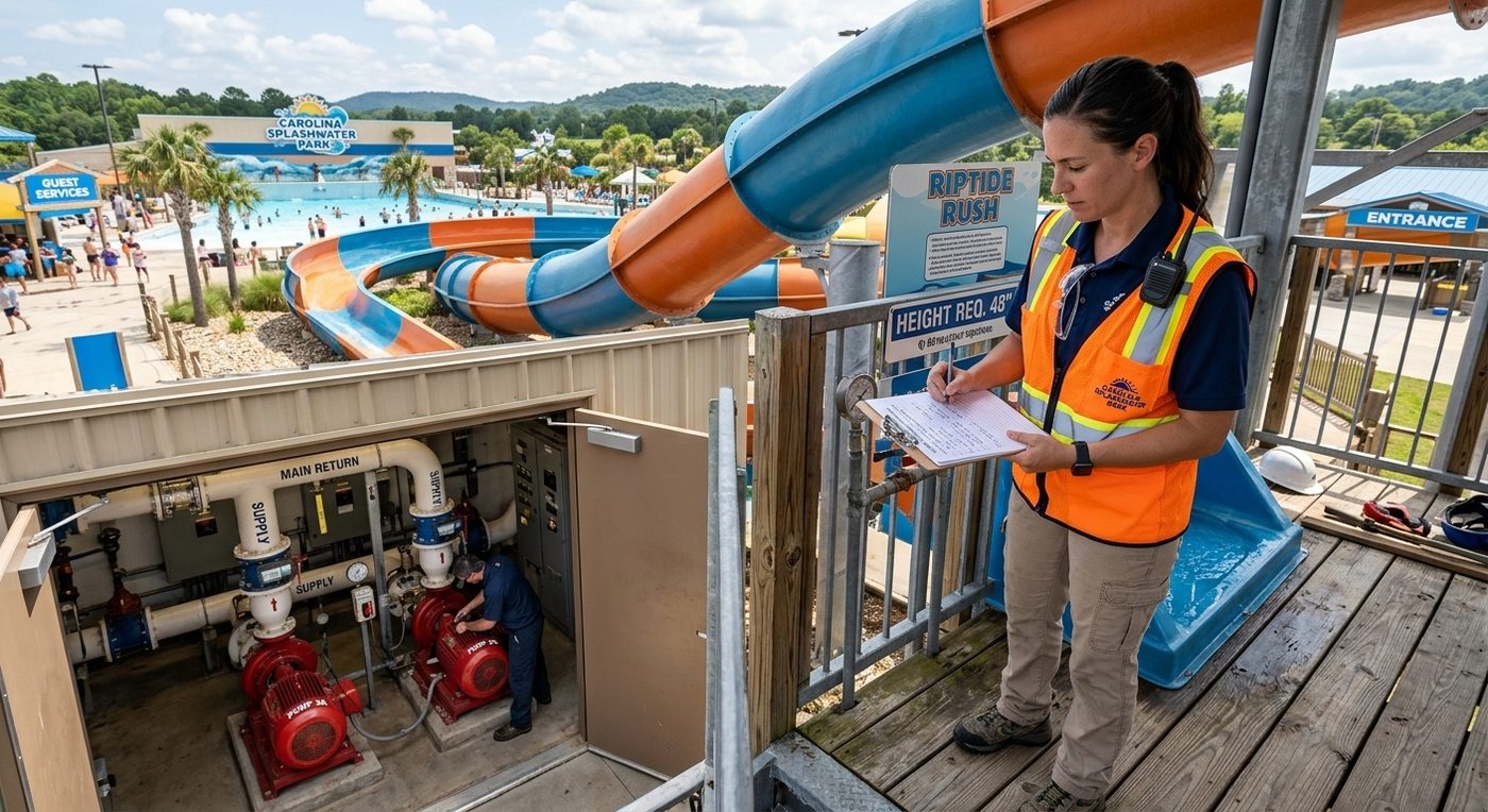 Operations supervisor conducting daily waterslide and pump room inspections at a North Carolina waterpark