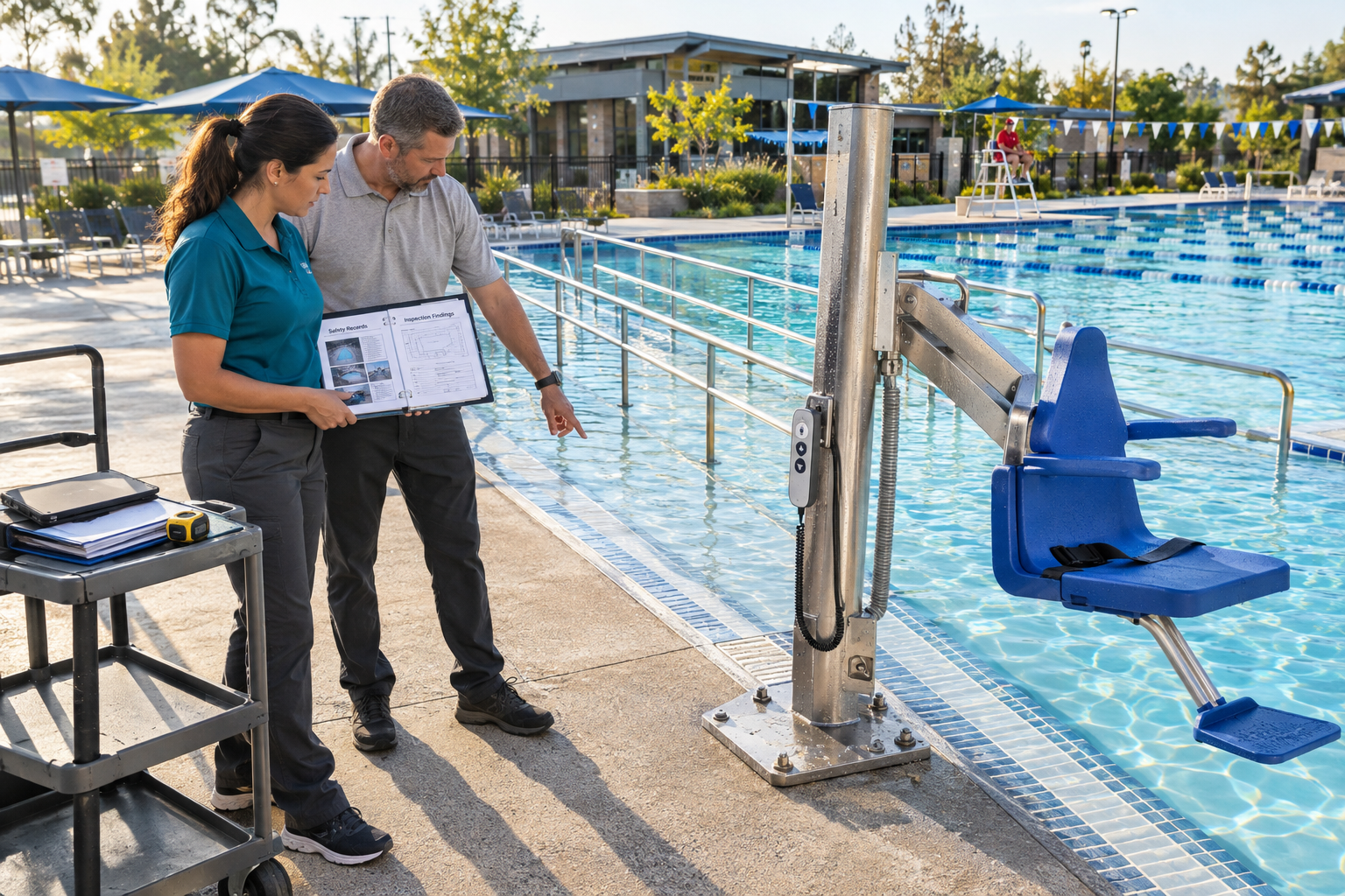 Commercial pool safety standards inspection with an aquatic facility manager reviewing safety records and accessible pool entry equipment.