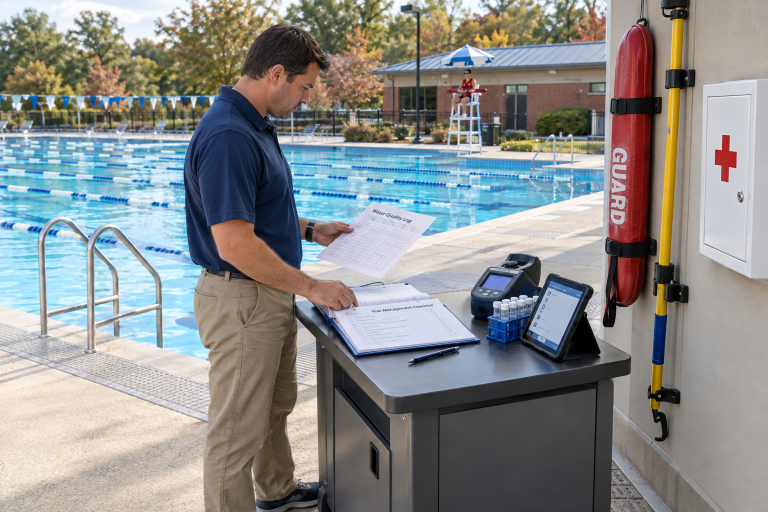 Virginia pool operator reviewing water-quality records, safety equipment and an aquatic risk management checklist